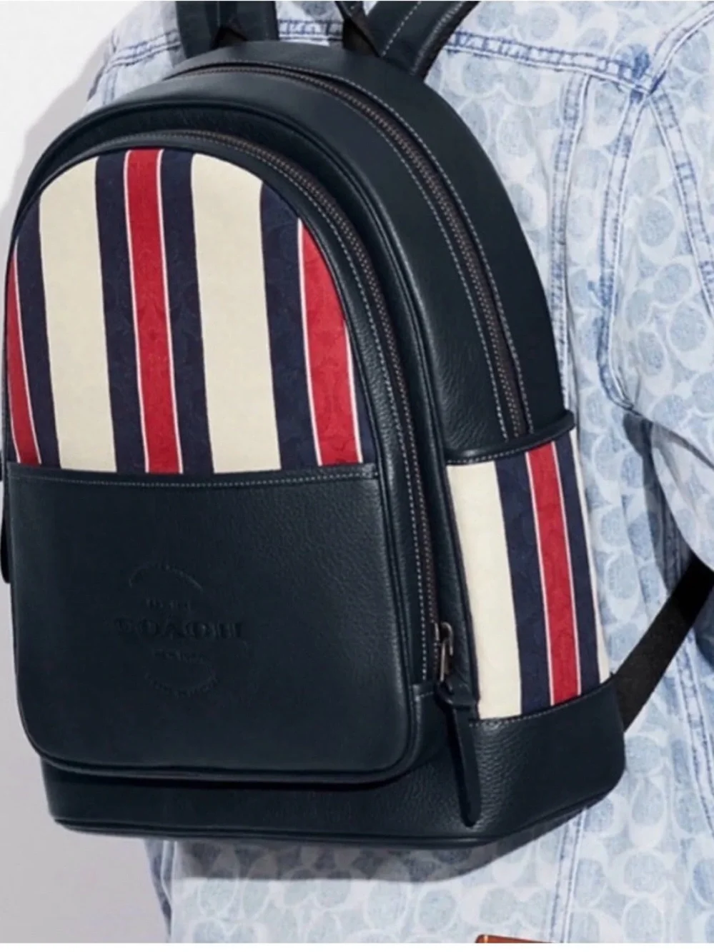 Coach Navy, Cream & Red Striped Men’s Leather Backpack